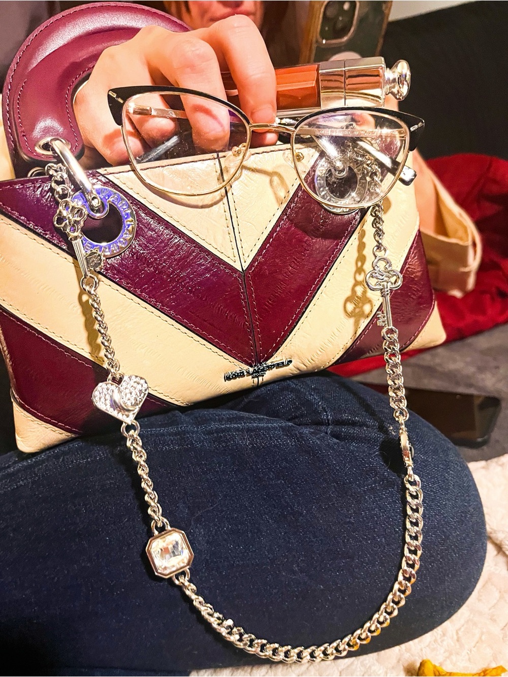Karl Lagerfeld Burgundy and Cream Chevron Patch Crossbody with Silver Chain